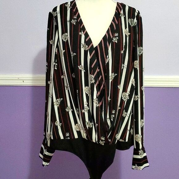 7th Avenue Design Mixed Media Striped Classic Chic Long Sleeve Bodysuit - Picture 1 of 13